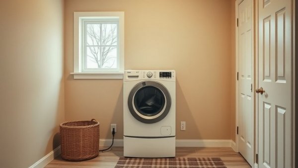 Utilitarian mudroom with washer, basket, and window, before makeover.