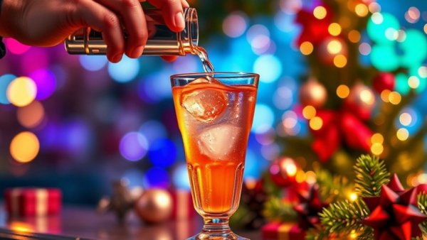 Festive holiday cocktail at a holiday pop-up in Los Angeles surrounded by ornaments.