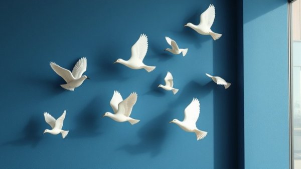 Ceramic bird wall art installation on a blue wall.