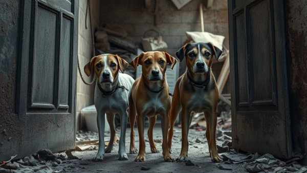 Neglected dogs in unsanitary conditions highlighting San Diego animal cruelty cases.