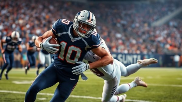Action shot of football player in navy jersey being tackled, focusing on intensity.