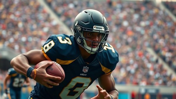 Football player holding ball under pressure during a game.