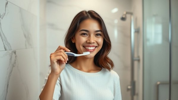 Young woman brushing teeth for fresh breath tips during holidays.