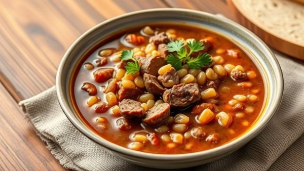 Satisfying Beef and Barley Soup in a black bowl garnished with herbs.