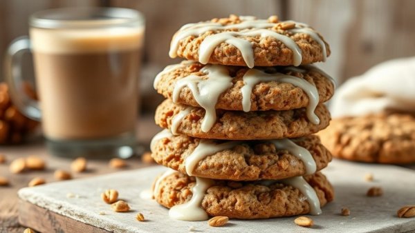 Vanilla Brown Sugar Oatmeal Latte Cookies stacked with glaze.