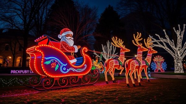 Nighttime festive display in San Diego, featuring a colorful Santa Claus sleigh.