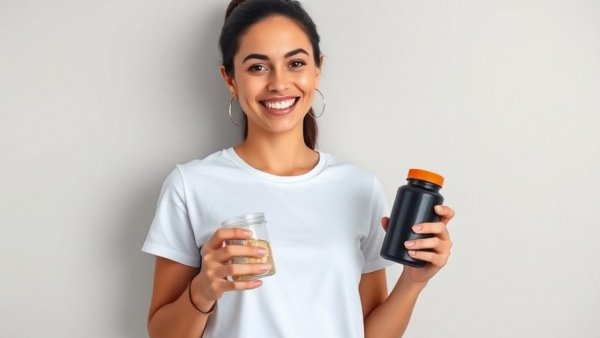 Woman with supplement shaker and creatine container, casual outdoor setting.