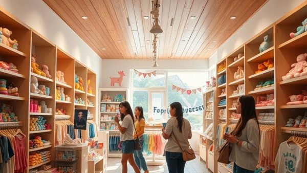 Children's shopping in Hudson, bright boutique with toys and clothing.
