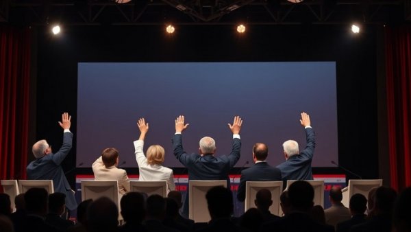California governor race candidates at forum raising hands, diverse group on stage.