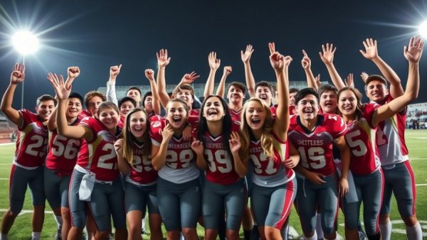 Orange County high school football team celebrating a victory at night.