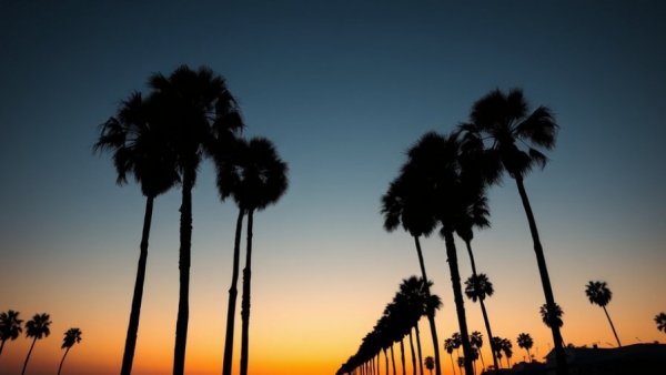 Silhouetted palm trees during sunset at Hermosa Beach