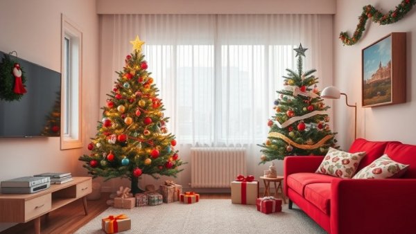 Small apartment with Christmas tree and gifts.