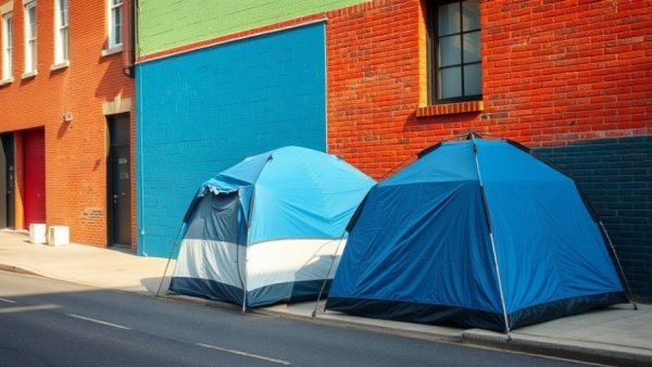 Urban street scene with makeshift tents, reflecting homelessness concerns.