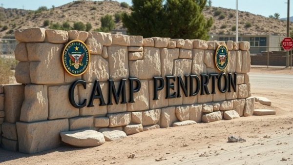 Camp Pendleton sign with military emblems displayed prominently.