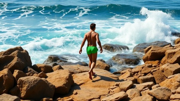 King tides Southern California: Person on rocky shore with waves.