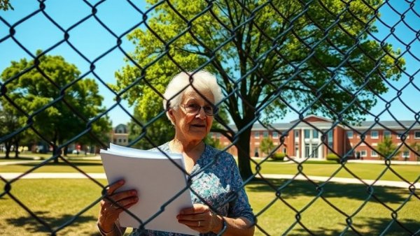 Woman observes Palisades High School campus, fence view.