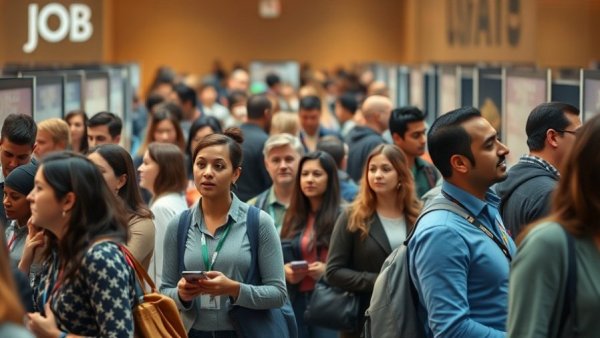 Job seekers engage at California job fair, illustrating market troubles.