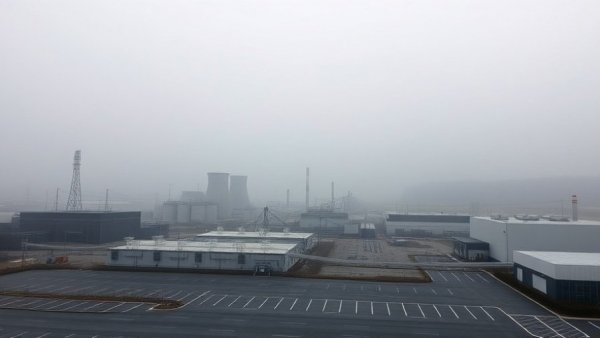 Misty view of nuclear plant highlighting infrastructure, parking lot.