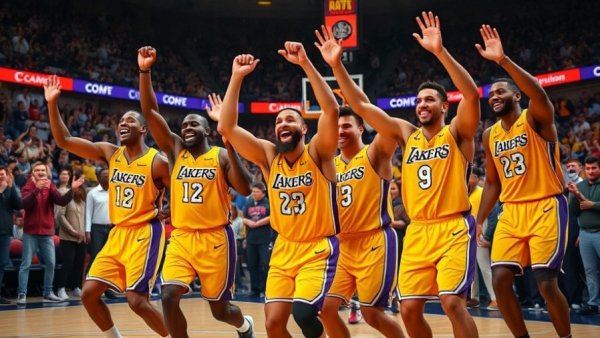 Lakers celebration as LeBron James scoring streak ends.