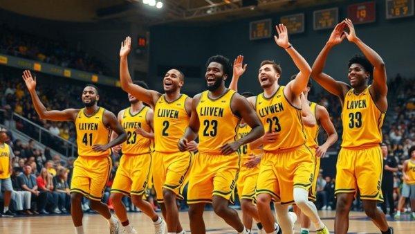 Basketball players celebrate on court as LeBron James double-digit scoring streak ends.