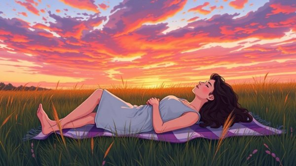 Woman peacefully resting in meadow, sunset sky.