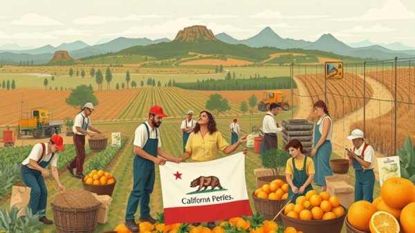 Illustration of workers with agricultural elements, focusing on community and migration.