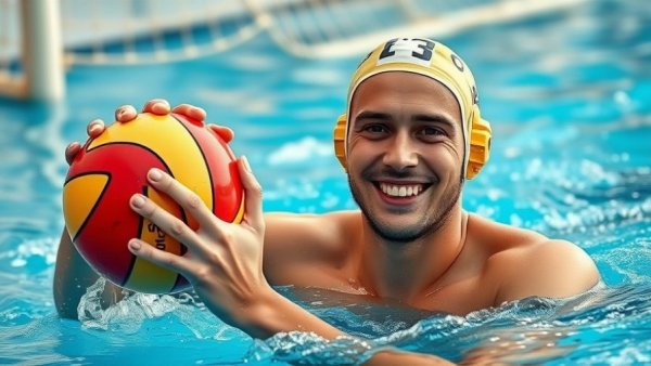 OC Player of the Year in Water Polo, smiling in the pool behind the net.