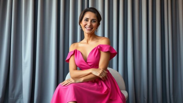 Confident woman in pink dress promoting health and wellness indoors.