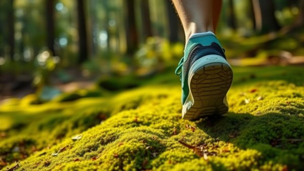 Walking on forest moss showcasing fitness habits to slow aging.