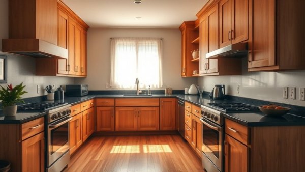 Warm kitchen with wooden cabinets before painting, featuring a stainless steel stove, sleek countertop, and natural lighting.