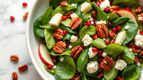 Vibrant holiday spinach salad with pecans, pomegranate, apples, and feta.