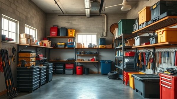 Organized garage shelves illustrating a pre-Christmas decluttering strategy.