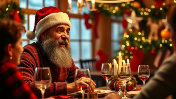 Santa hat man enjoying healthy holiday meal with friends.