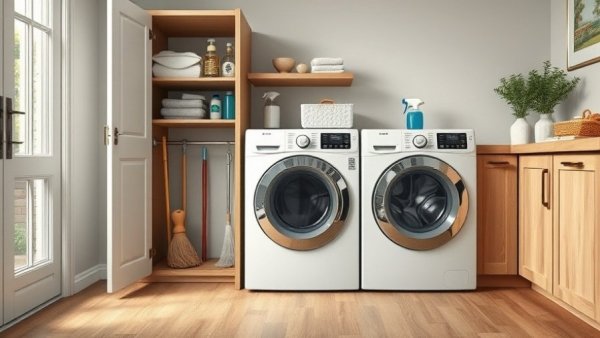 Hidden broom cupboard in modern laundry room with organized cleaning supplies.