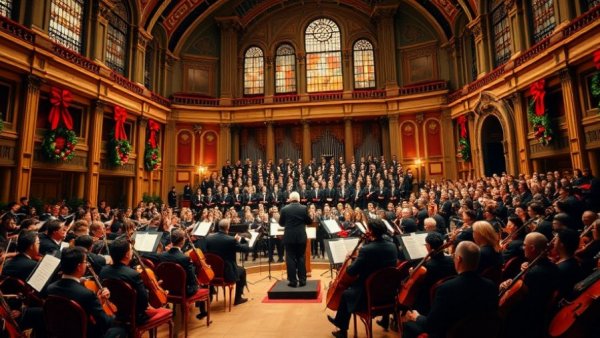 Holiday symphony concert in San Diego's festive concert hall.