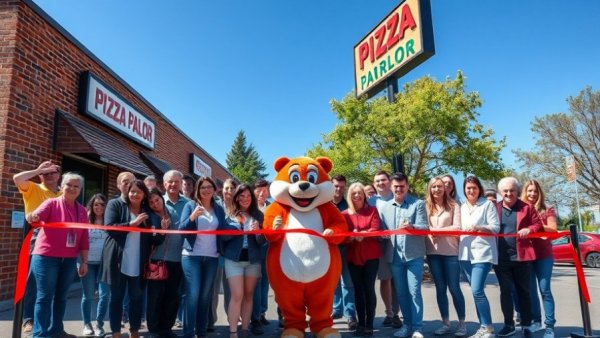Group at ribbon-cutting for reimagined pizza parlor experience outdoors.