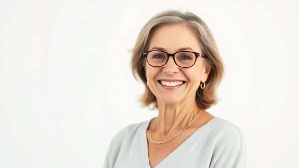 Middle-aged woman smiling confidently, suitable for mental health focus.