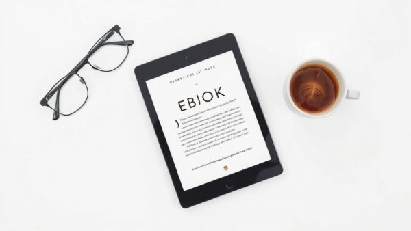 Ebook cover on tablet with coffee and glasses, minimalistic flat lay.