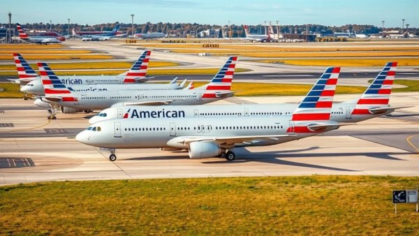 American Airlines planes on tarmac at airport, showcasing large fleet with bright tails.
