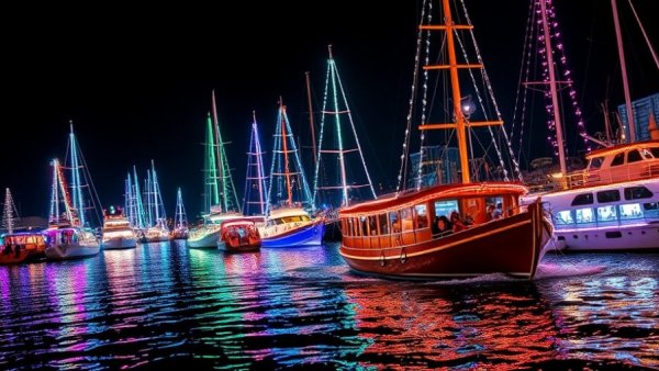 Newport Beach Christmas Boat Parade 2025: Festively lit boats in harbor