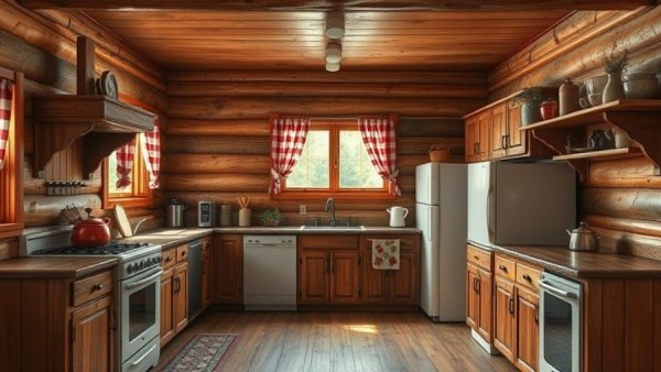 Rustic cabin kitchen with wooden cabinets before transformation.