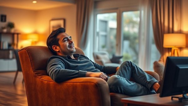 Perry Clark's life at Akron's Mayflower Manor; man relaxing in living room.