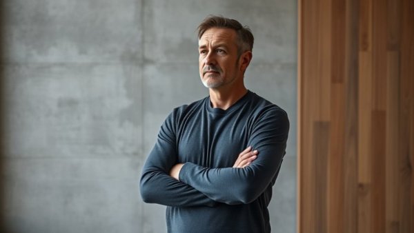 Confident man indoors exemplifying high performance without burnout.