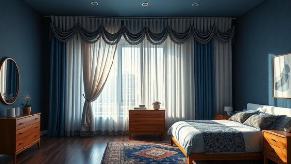 Elegant updated bedroom curtains with wooden dresser and rug.