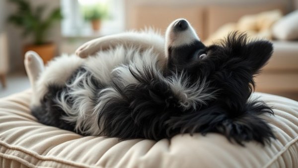Fluffy dog relaxing on a pillow, symbolizing holiday wellness gifts.
