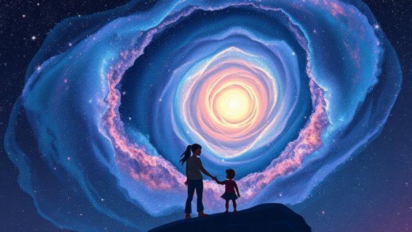 Mother and child gazing at galaxy in a starry sky, symbolizing coping with childhood trauma.