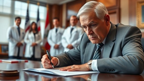 Serious man signing document reclassifying marijuana, formal office setting.