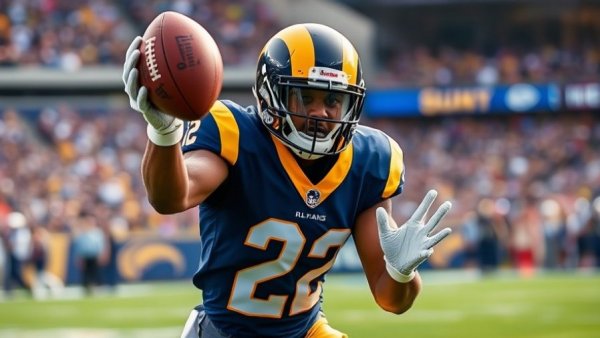 Football player in Rams uniform catching a pass, stadium background.
