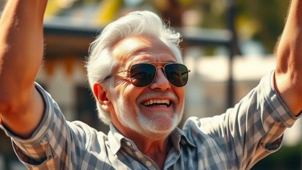 Celebratory older man outdoors in warm sunlight, San Jose crime news.