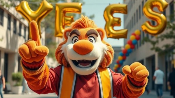 University of Akron mascot celebrating growth with colorful balloons.